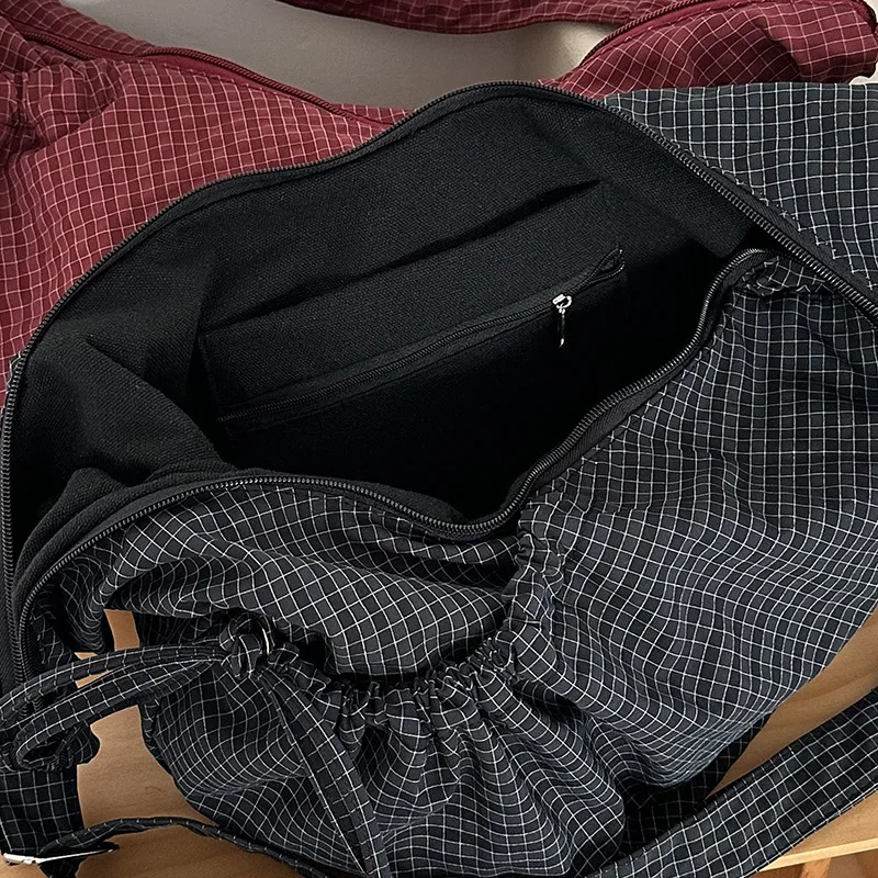Retro Plaid Hobos Messenger Bags for Women Drawstring Pocket Nylon Dumpling Bag Large Capacity Portable Travel Shoulder Bags thumbnail 3