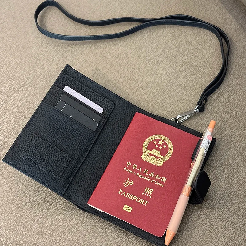 Genuine Leather Engraving Passport Wallet With Neck Strap Custom Name Cowhide Travel Wallet Woman Portable Card Bag Coin Purse thumbnail 3