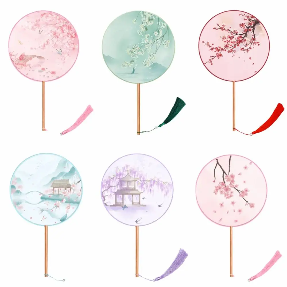 Vintage Chinese Style Round Hand Fan Silk Material Long Handle Ancient Tassel Dance Fan Embroidery Design Wedding Party Fan