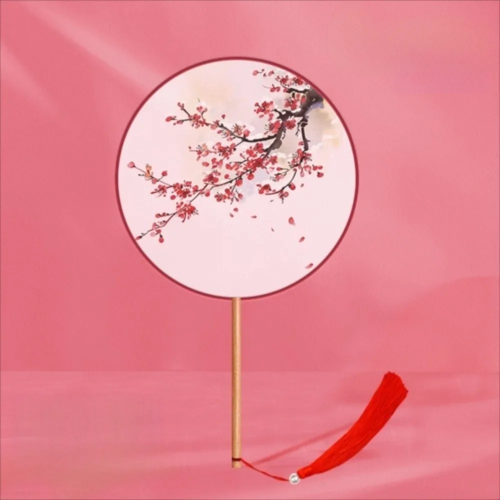 Vintage Chinese Style Round Hand Fan Silk Material Long Handle Ancient Tassel Dance Fan Embroidery Design Wedding Party Fan thumbnail 2