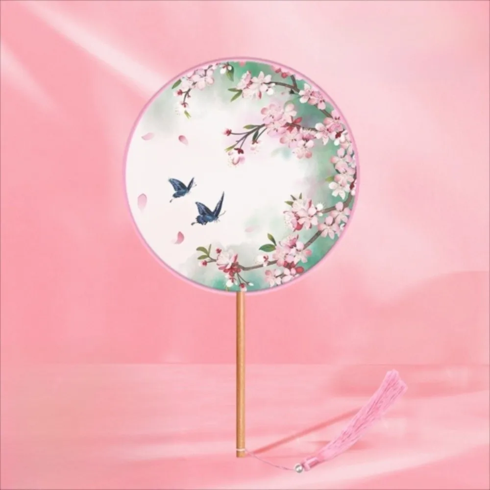 Vintage Chinese Style Round Hand Fan Silk Material Long Handle Ancient Tassel Dance Fan Embroidery Design Wedding Party Fan thumbnail 4