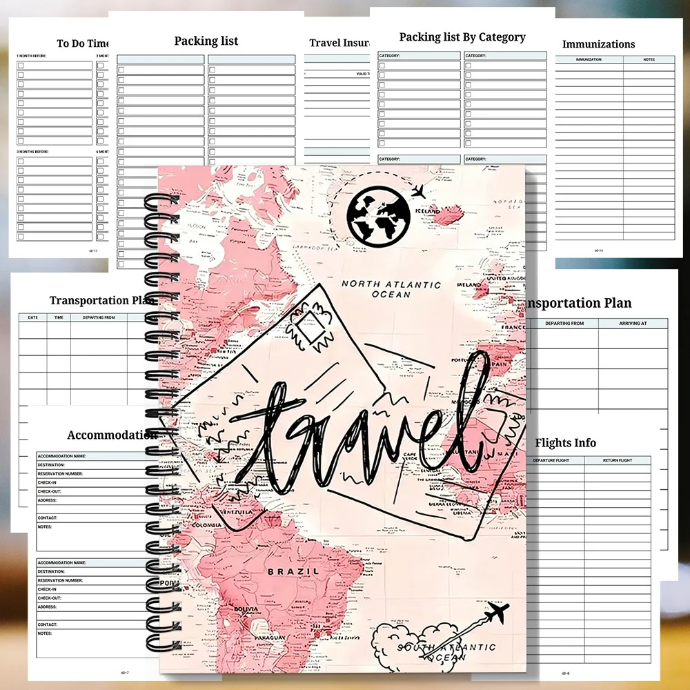 1PC Spiral Notebooks, Pink World Map Travel Journal, for Planning Global Adventures, Ideal for Ambitious Travelers, Perfect Gift