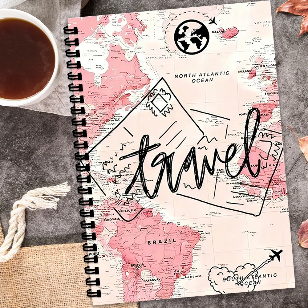 1PC Spiral Notebooks, Pink World Map Travel Journal, for Planning Global Adventures, Ideal for Ambitious Travelers, Perfect Gift thumbnail 3