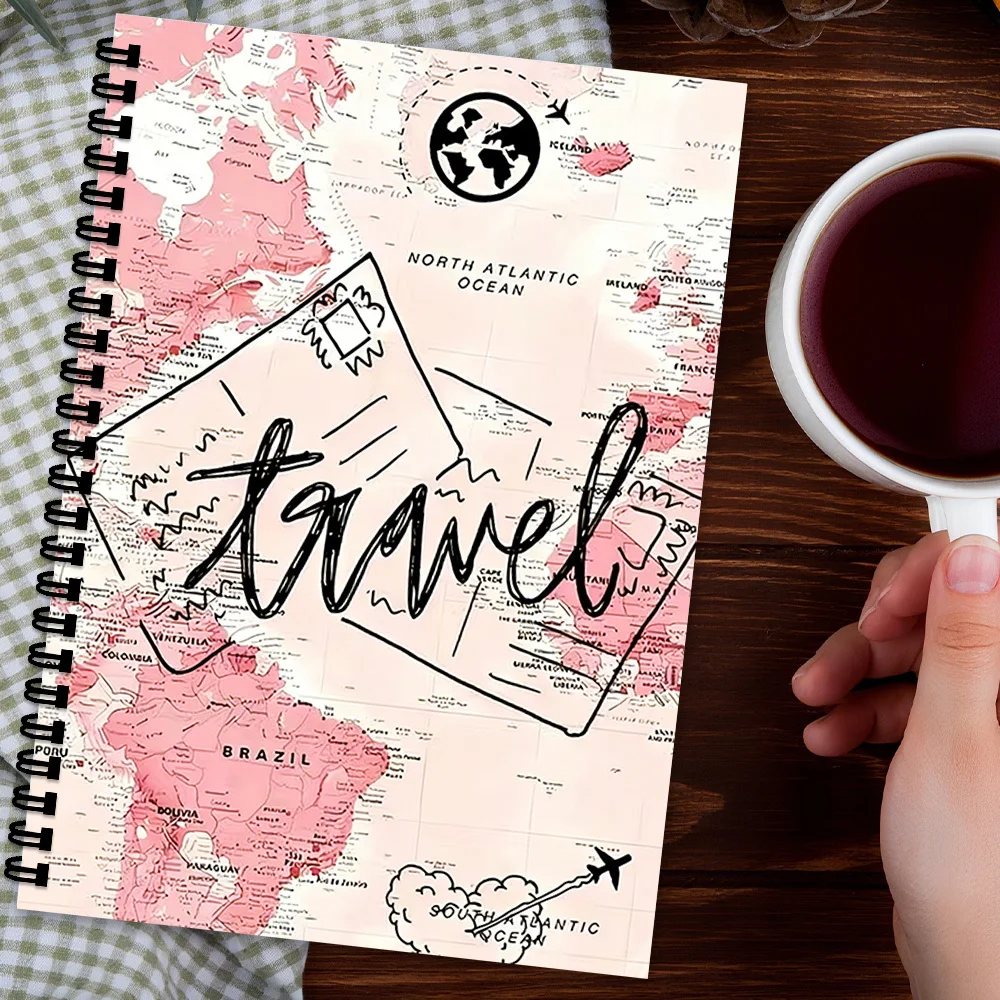 1PC Spiral Notebooks, Pink World Map Travel Journal, for Planning Global Adventures, Ideal for Ambitious Travelers, Perfect Gift thumbnail 2