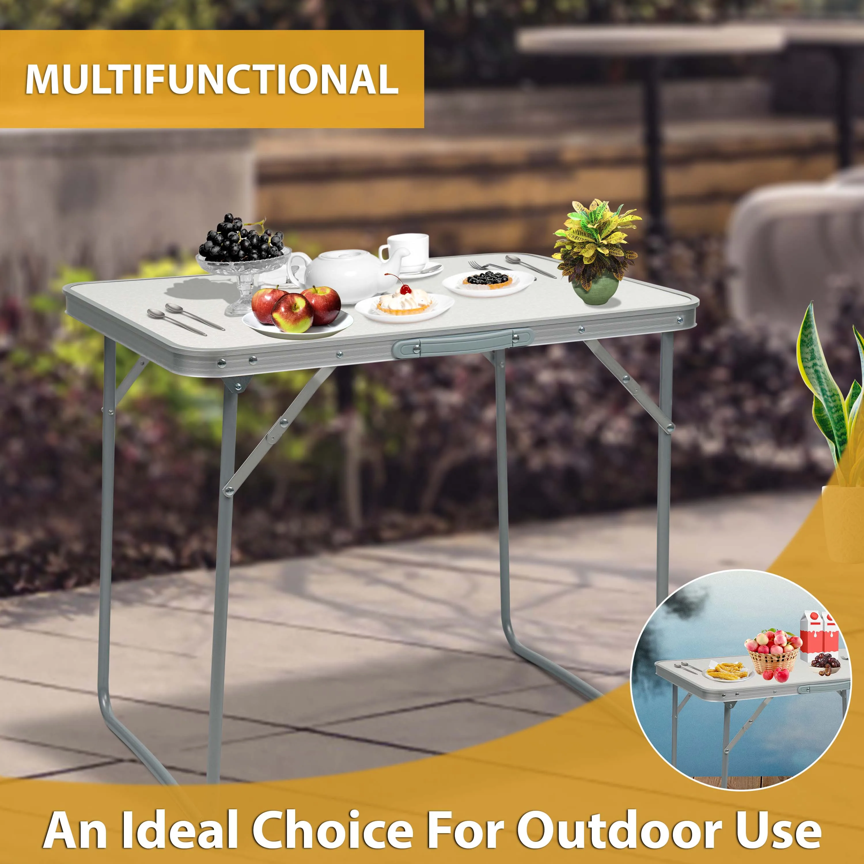 WOODEN PORTABLE PICNIC TABLE MDF WHITE FOLDING TABLE INDOOR OUTDOOR CAMPING HIKE thumbnail 5