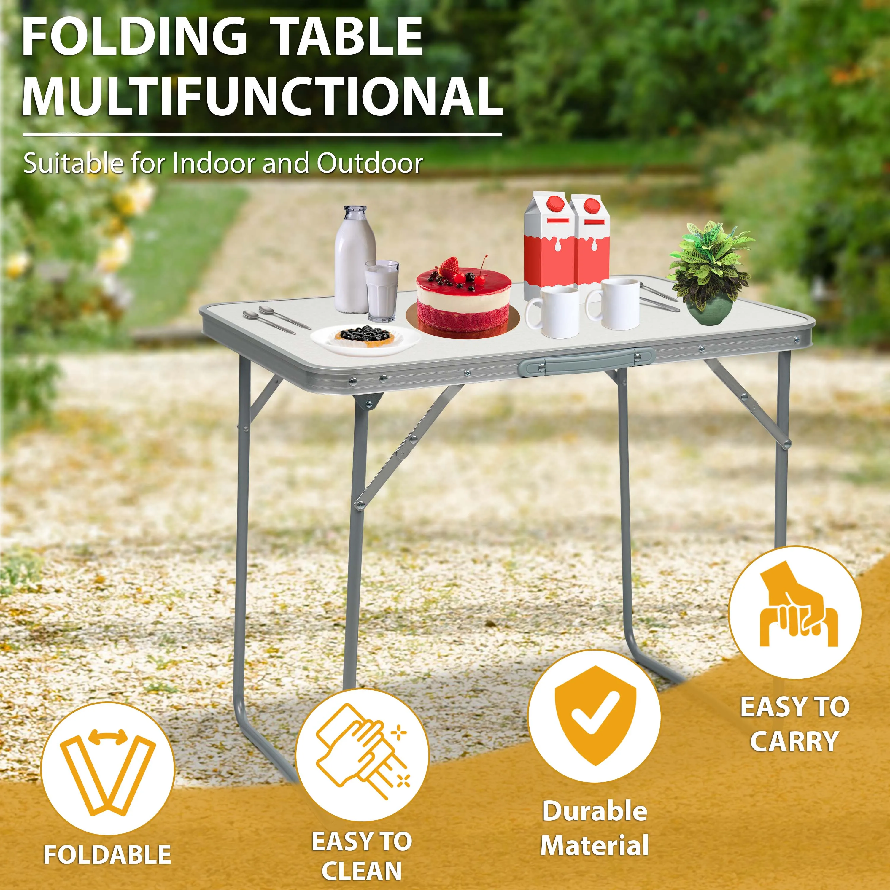 WOODEN PORTABLE PICNIC TABLE MDF WHITE FOLDING TABLE INDOOR OUTDOOR CAMPING HIKE thumbnail 3