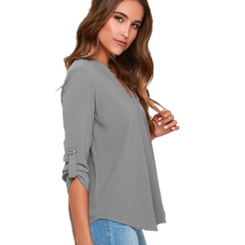 Women Tops Blouses Long Sleeve  V-Neck Chiffon Blouse office work Shirt thumbnail 3