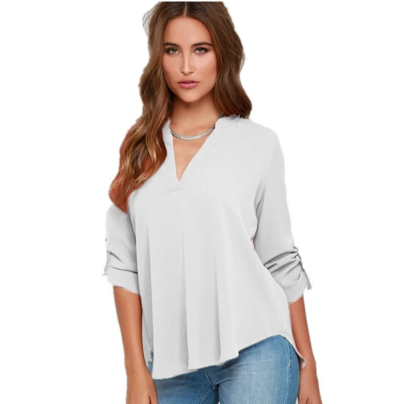 Women Tops Blouses Long Sleeve  V-Neck Chiffon Blouse office work Shirt thumbnail 6