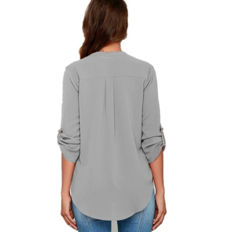 Women Tops Blouses Long Sleeve  V-Neck Chiffon Blouse office work Shirt thumbnail 2
