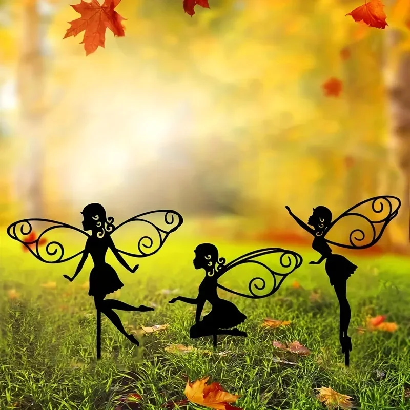 Metal Flower Fairy 3pcs  Silhouette Garden Stakes - Ground Inserts for Outdoor Decor, Perfect for Patio, Yard, and Lawn Art