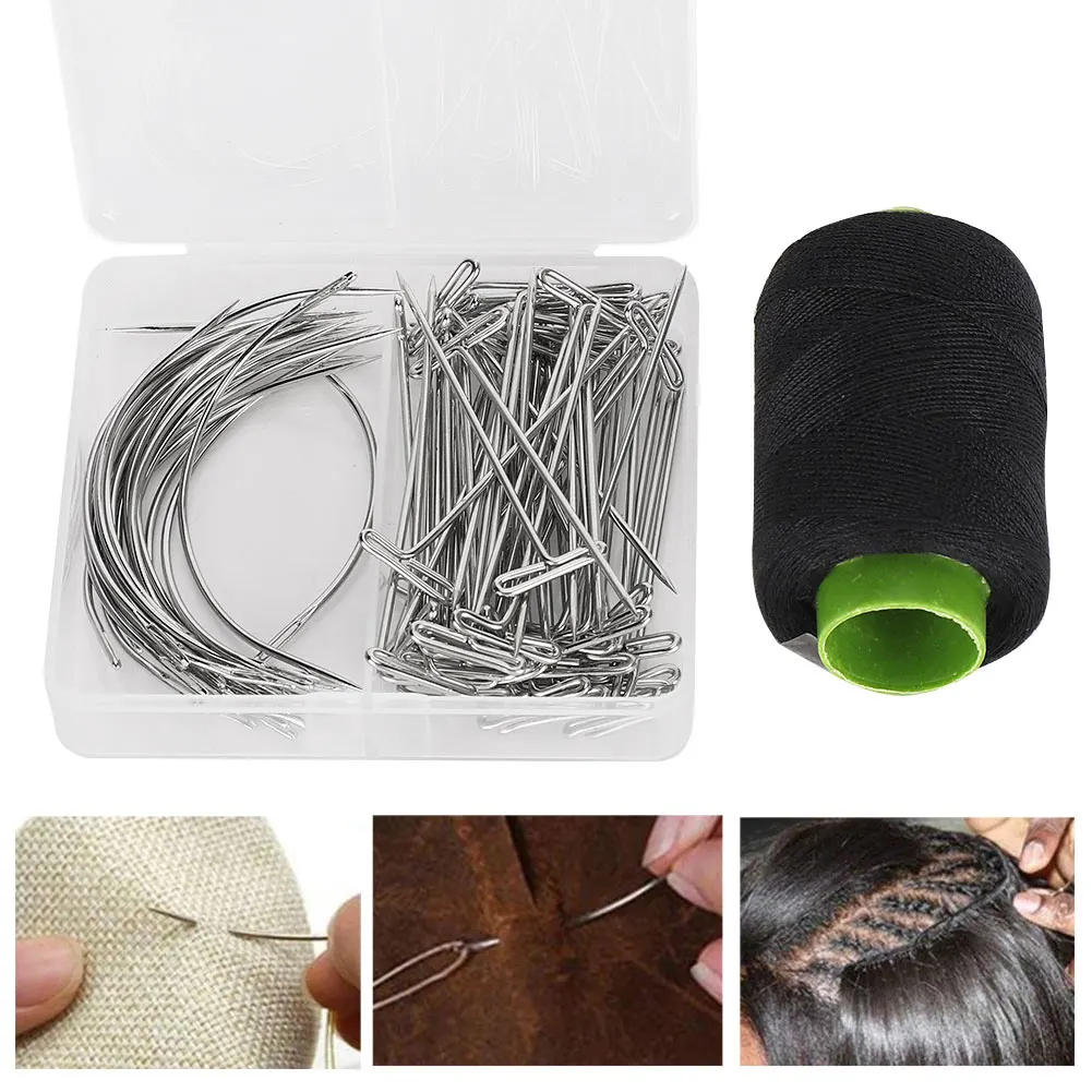 70Pcs Needle And Thread Set for Weave with T Pins C Curved Needles Black Thread Wig Making Hair Extensions Modelling Crafts Kit thumbnail 3