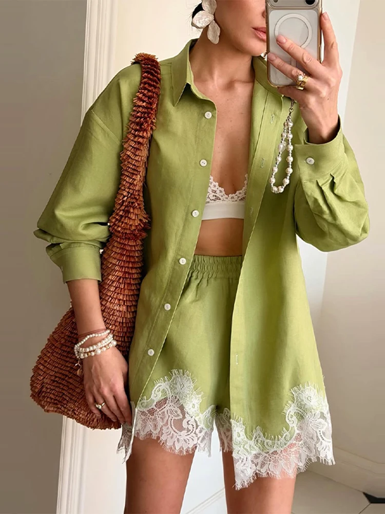 Beach Shirts Shorts Outfits Women Lapel Single Breasted Long Sleeves Lace Patchwork Sets Female 2026 Spring Summer Holiday Sets thumbnail 4