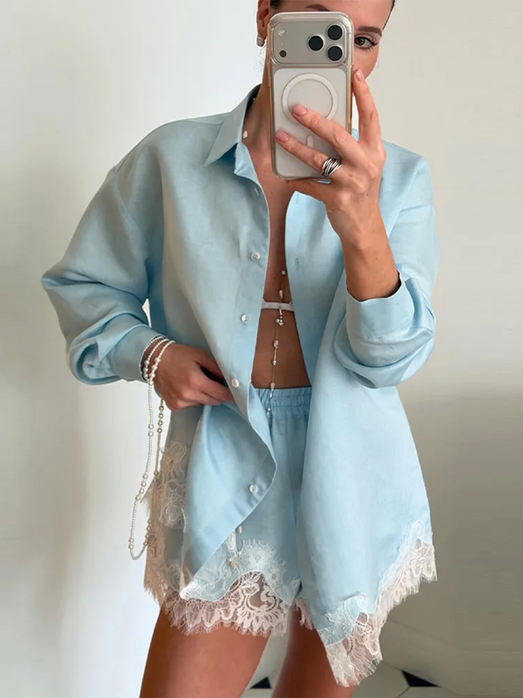 Beach Shirts Shorts Outfits Women Lapel Single Breasted Long Sleeves Lace Patchwork Sets Female 2026 Spring Summer Holiday Sets thumbnail 2