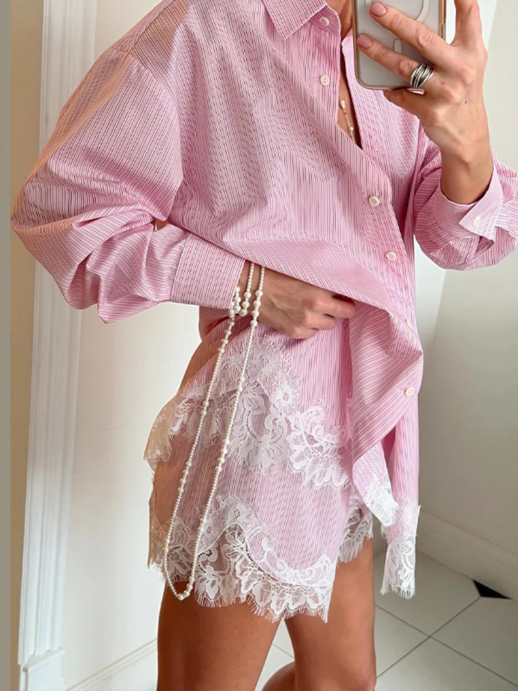 Beach Shirts Shorts Outfits Women Lapel Single Breasted Long Sleeves Lace Patchwork Sets Female 2026 Spring Summer Holiday Sets thumbnail 6