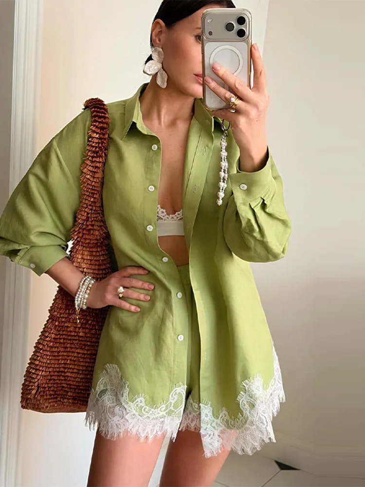 Beach Shirts Shorts Outfits Women Lapel Single Breasted Long Sleeves Lace Patchwork Sets Female 2026 Spring Summer Holiday Sets thumbnail 5