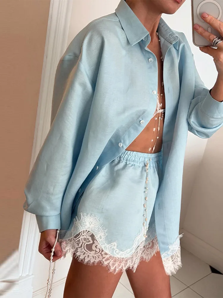 Beach Shirts Shorts Outfits Women Lapel Single Breasted Long Sleeves Lace Patchwork Sets Female 2026 Spring Summer Holiday Sets thumbnail 3