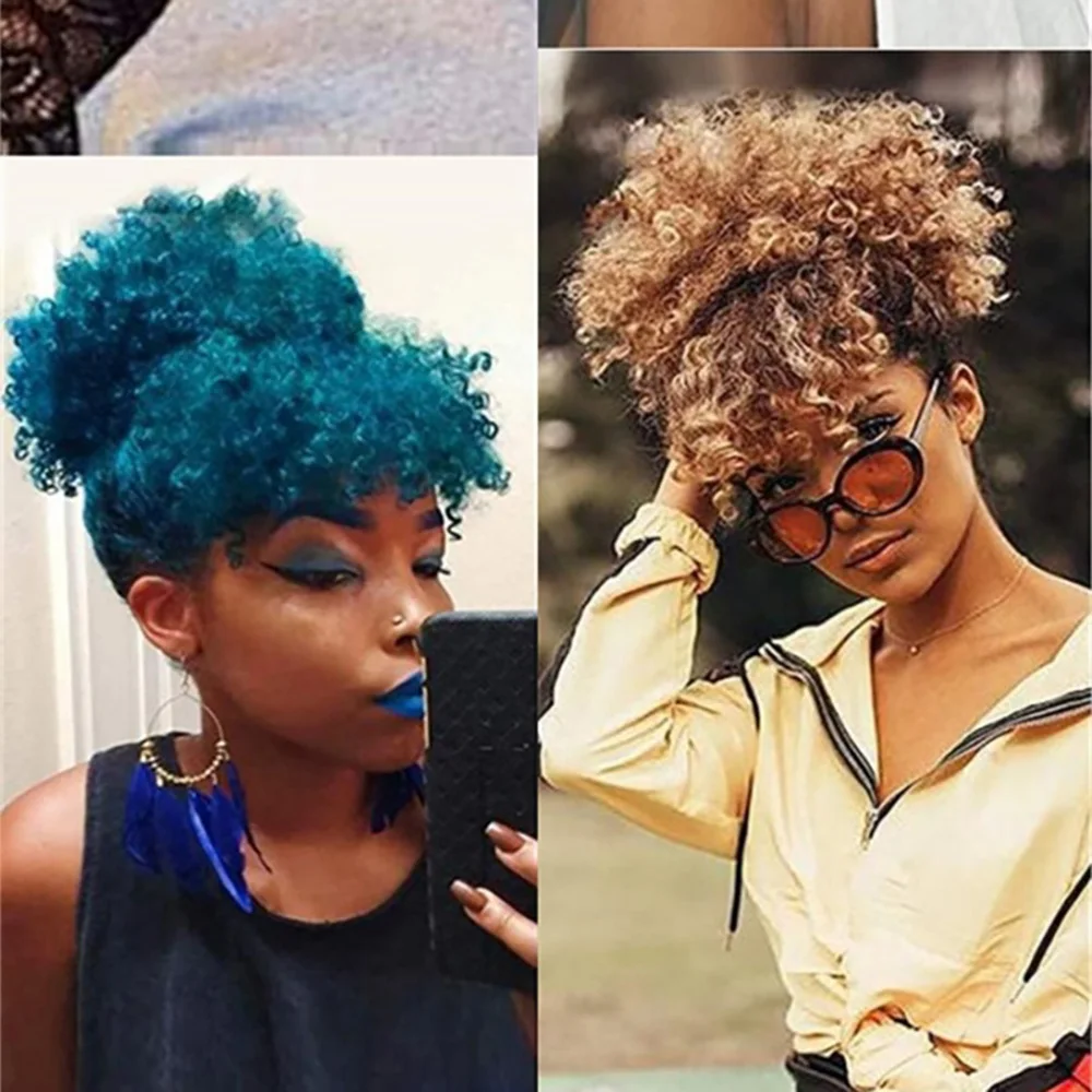 Afro Puff Updo Hair with Bangs Drawstring Ponytail Black Kinky Curly Ponytail Bun with Bangs Synthetic Hairpiece For Women thumbnail 6