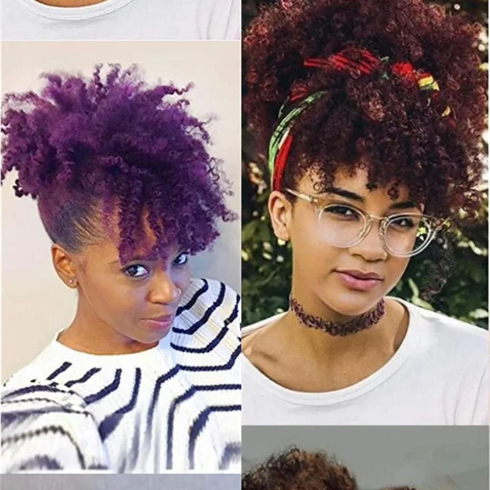 Afro Puff Updo Hair with Bangs Drawstring Ponytail Black Kinky Curly Ponytail Bun with Bangs Synthetic Hairpiece For Women thumbnail 5