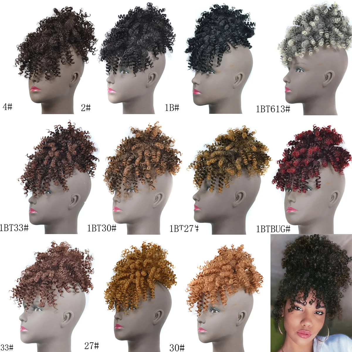 Afro Puff Updo Hair with Bangs Drawstring Ponytail Black Kinky Curly Ponytail Bun with Bangs Synthetic Hairpiece For Women thumbnail 2