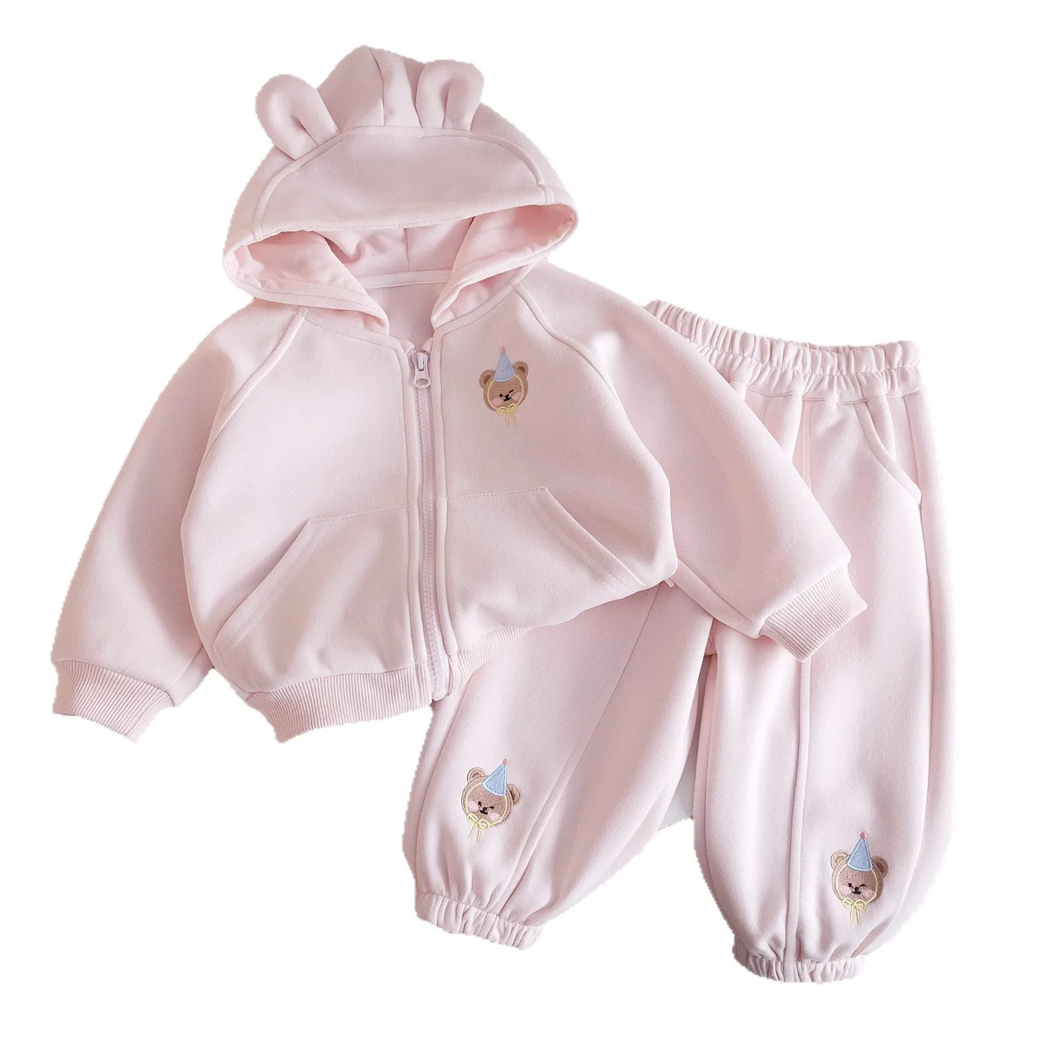 Toddler Girls embroidery Cartoon bear pink Set with hoodie Baby girl spring clothings autumn thumbnail 5