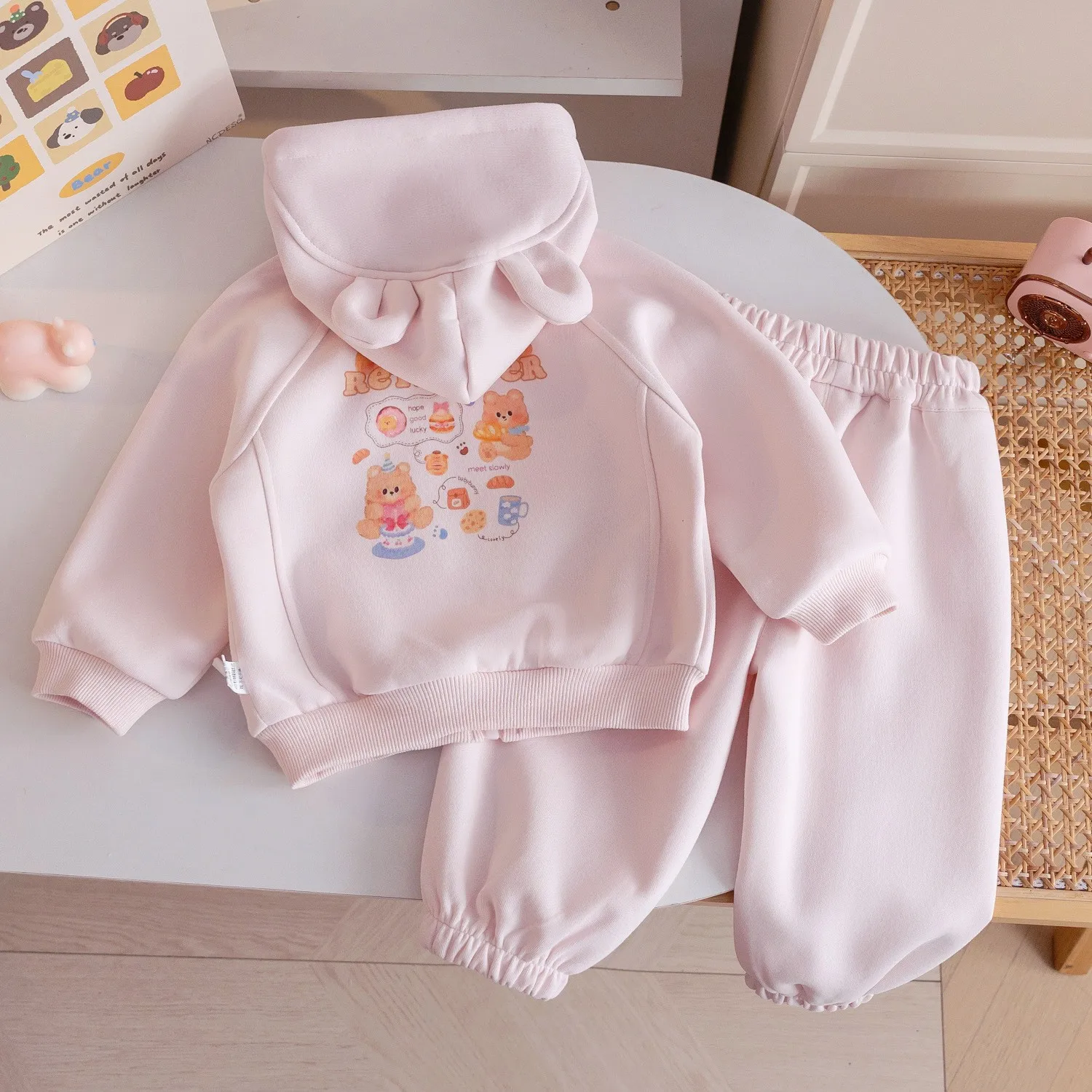 Toddler Girls embroidery Cartoon bear pink Set with hoodie Baby girl spring clothings autumn thumbnail 2