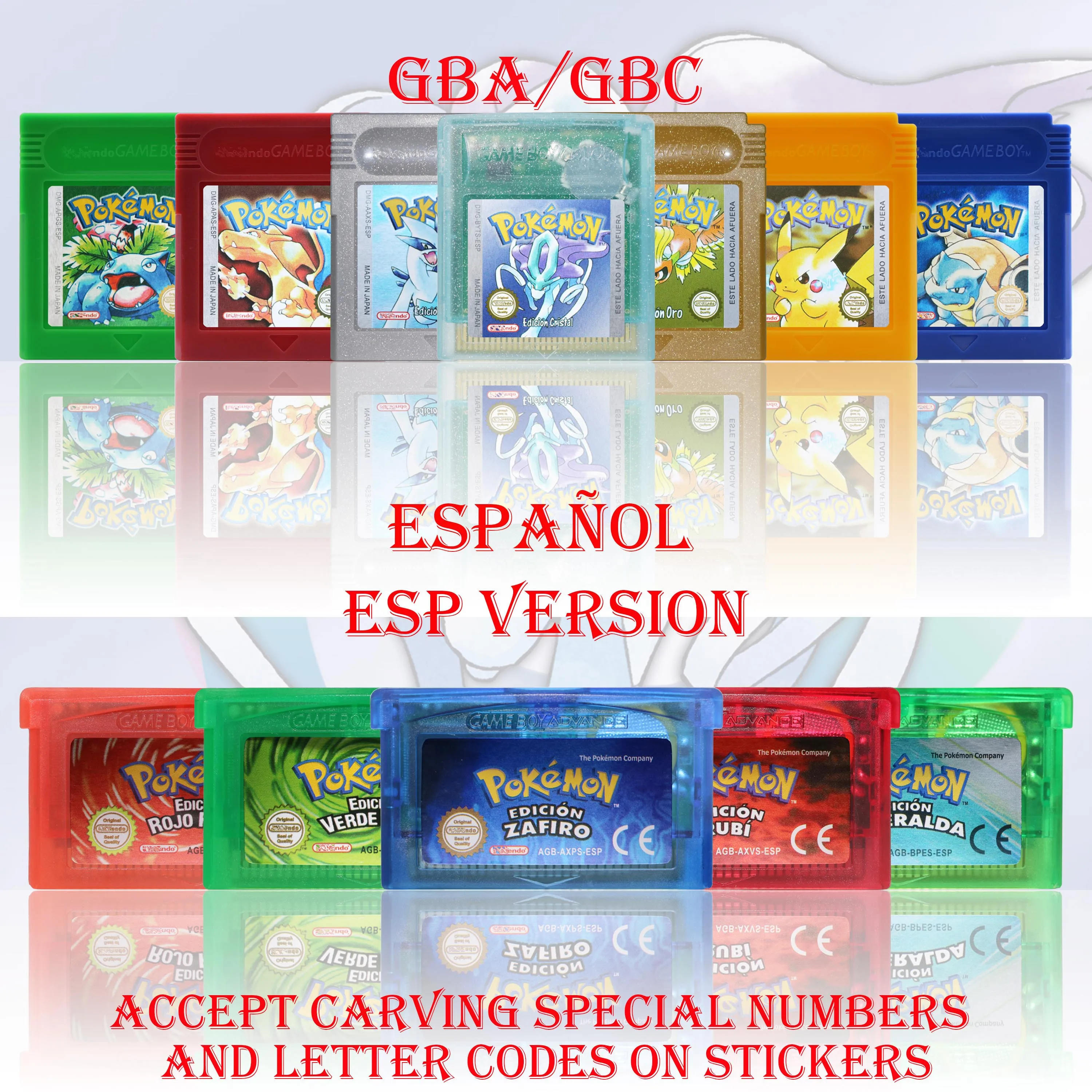 GBA/GBC ESP Version Pokemon Esmeralda/Rojo Fuego/Plata/Cristal Game Cartridge Video Game Console Card High Quality with Battery