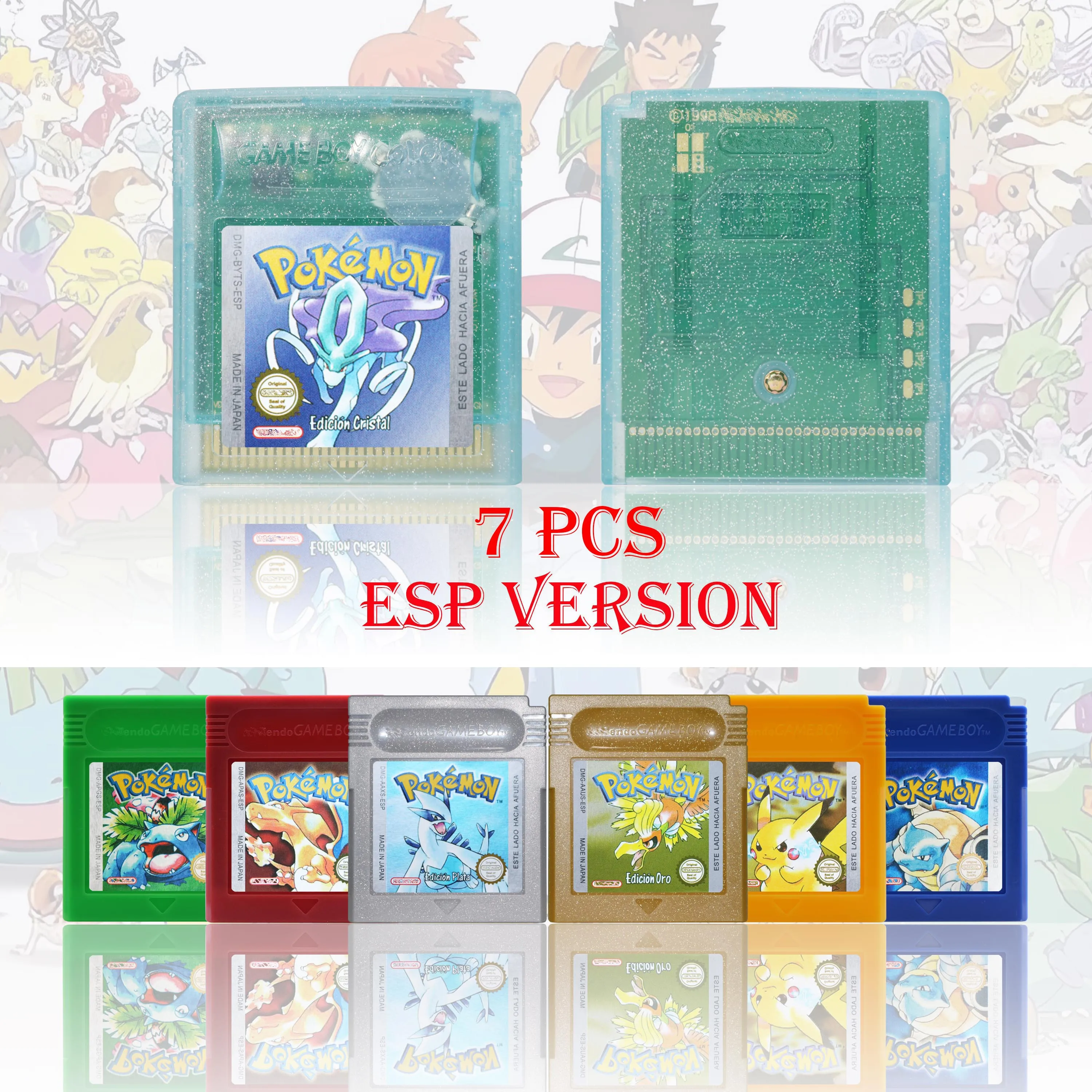 GBA/GBC ESP Version Pokemon Esmeralda/Rojo Fuego/Plata/Cristal Game Cartridge Video Game Console Card High Quality with Battery thumbnail 2