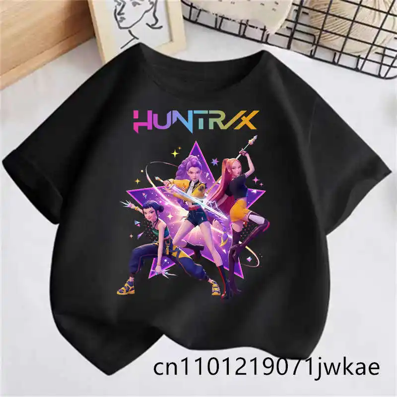 Summer black Tops Fashion Baby Clothes Children Short Sleeve T-shirt Kpop Demon Hunte rs Saja Boy Print Casual Kids TShirt Girls thumbnail 4