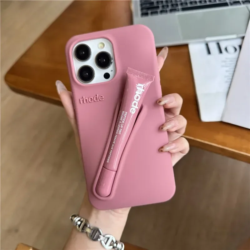 For iPhone 16 12 13 14 15 11 Pro Max Plus 17 Fashion Rhode Phone Case Gray Toast Espresso Ribbon Lip Gloss Holder Silicone Cover thumbnail 5
