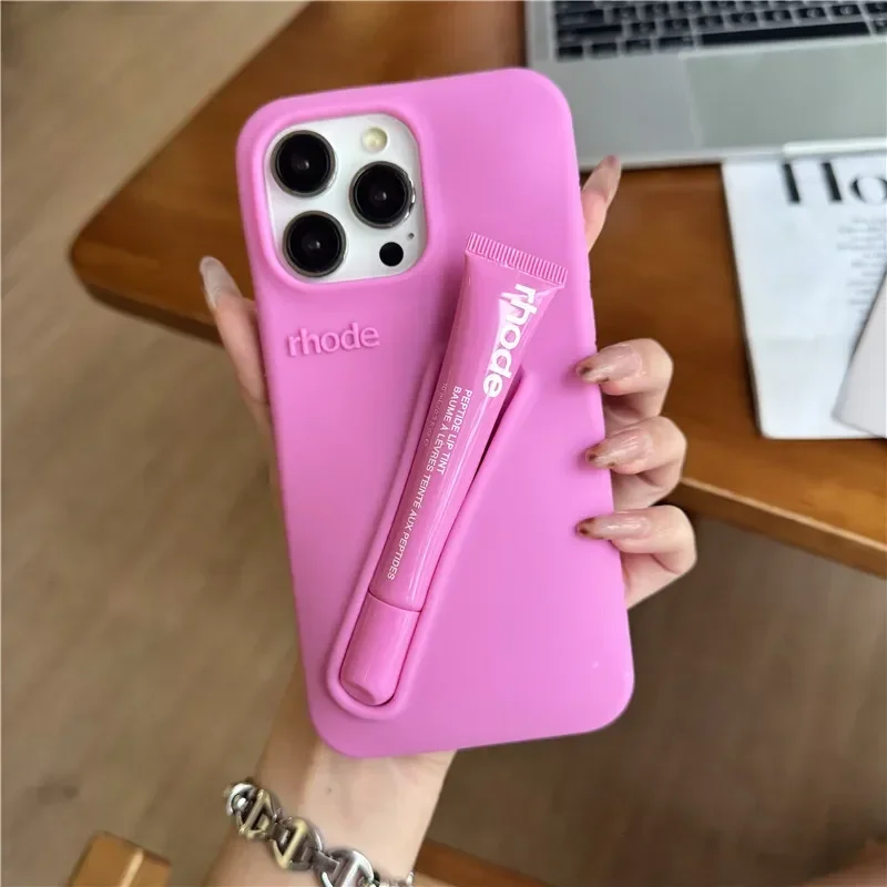 For iPhone 16 12 13 14 15 11 Pro Max Plus 17 Fashion Rhode Phone Case Gray Toast Espresso Ribbon Lip Gloss Holder Silicone Cover thumbnail 6