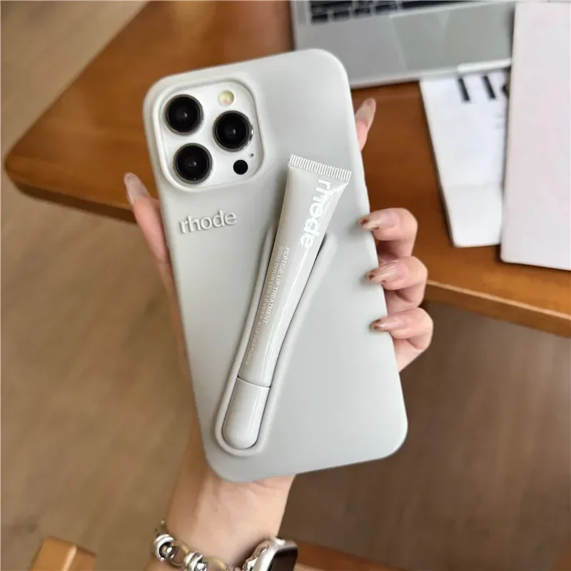 For iPhone 16 12 13 14 15 11 Pro Max Plus 17 Fashion Rhode Phone Case Gray Toast Espresso Ribbon Lip Gloss Holder Silicone Cover thumbnail 4
