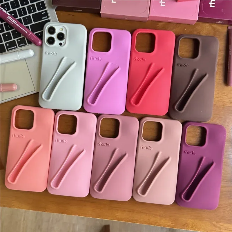 For iPhone 16 12 13 14 15 11 Pro Max Plus 17 Fashion Rhode Phone Case Gray Toast Espresso Ribbon Lip Gloss Holder Silicone Cover thumbnail 2