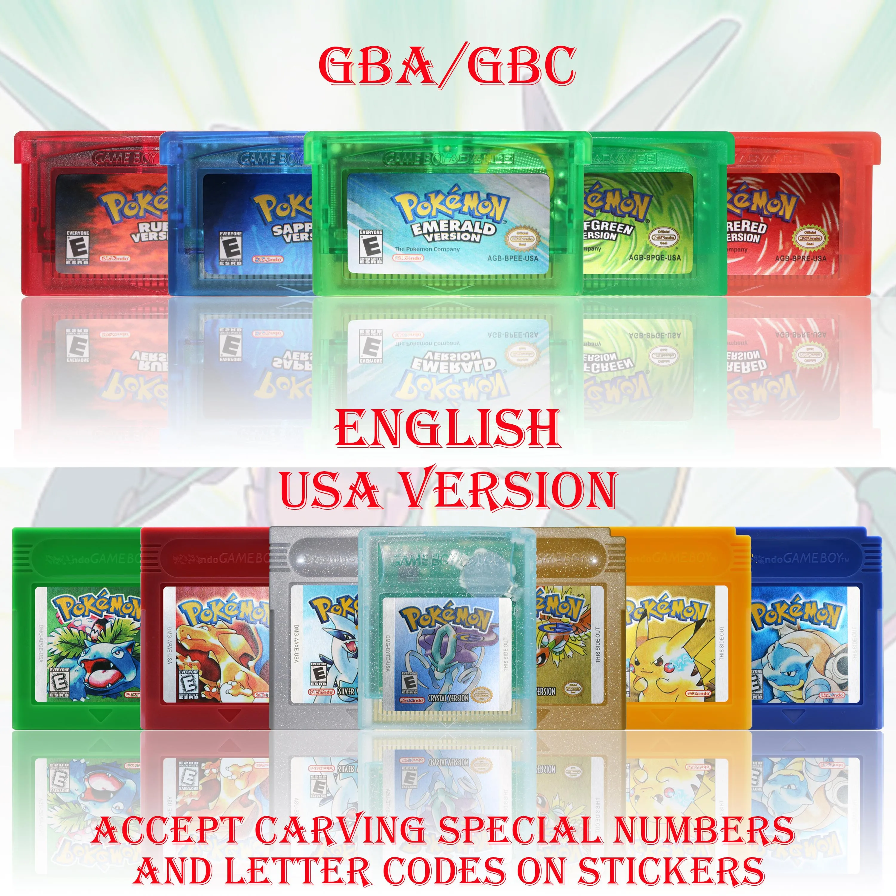 GBC/GBA USA Version Pokemon Blue/Crystal/Emerald/Fire Red/Leaf Green Game Cartridge Video Game Card High Quality with Battery