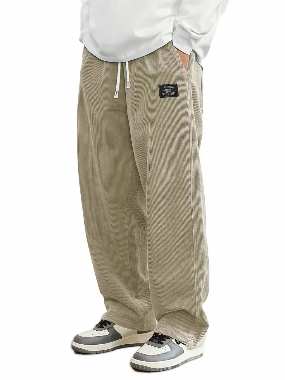 Men'S Corduroy Straight Leg Pants with Drawstring Waist,  Pockets, and Logo Design - Stretchy, Casual Fit for Everyday Wear thumbnail 5
