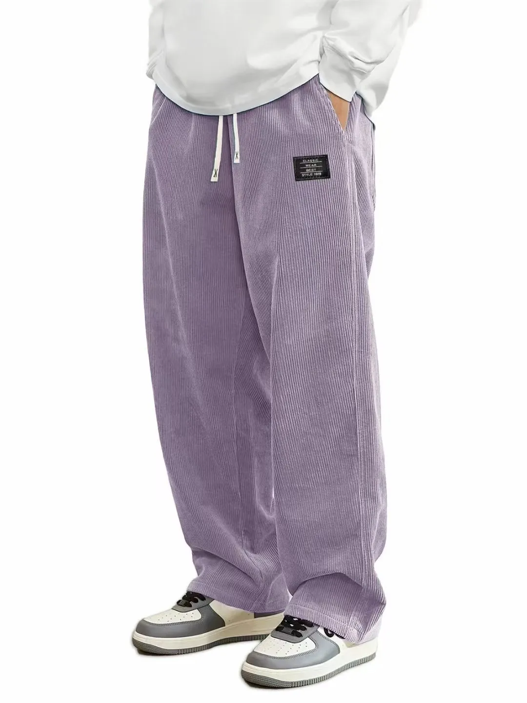 Men'S Corduroy Straight Leg Pants with Drawstring Waist,  Pockets, and Logo Design - Stretchy, Casual Fit for Everyday Wear thumbnail 4