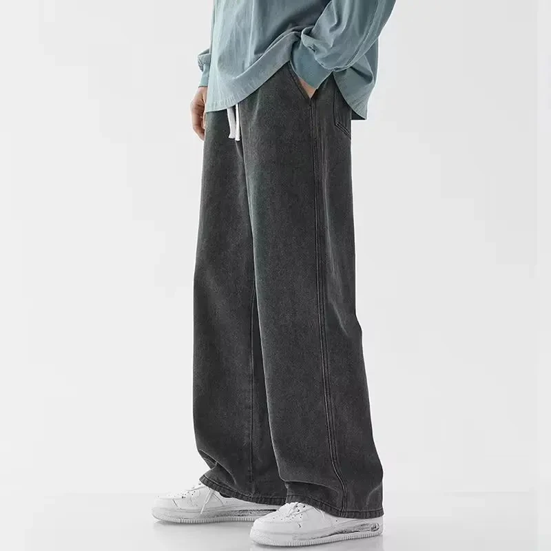 2026 Spring/summer New Men Solid Color Drawstring Pocket Jeans Straight Tube Loose and Fashionable Sports Casual Wide Leg Pants thumbnail 4