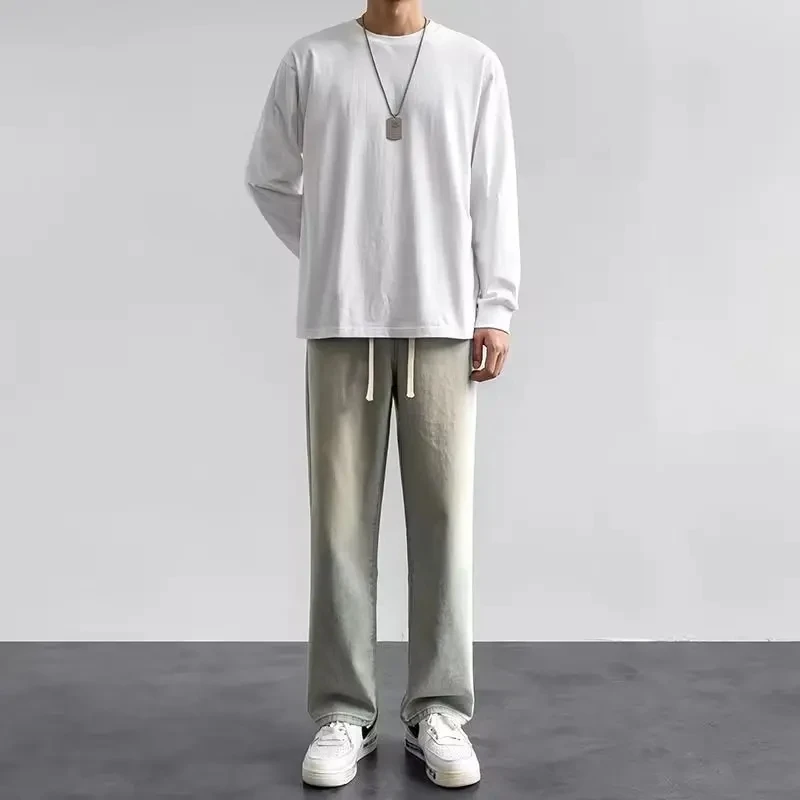 2026 Spring/summer New Men Solid Color Drawstring Pocket Jeans Straight Tube Loose and Fashionable Sports Casual Wide Leg Pants thumbnail 5