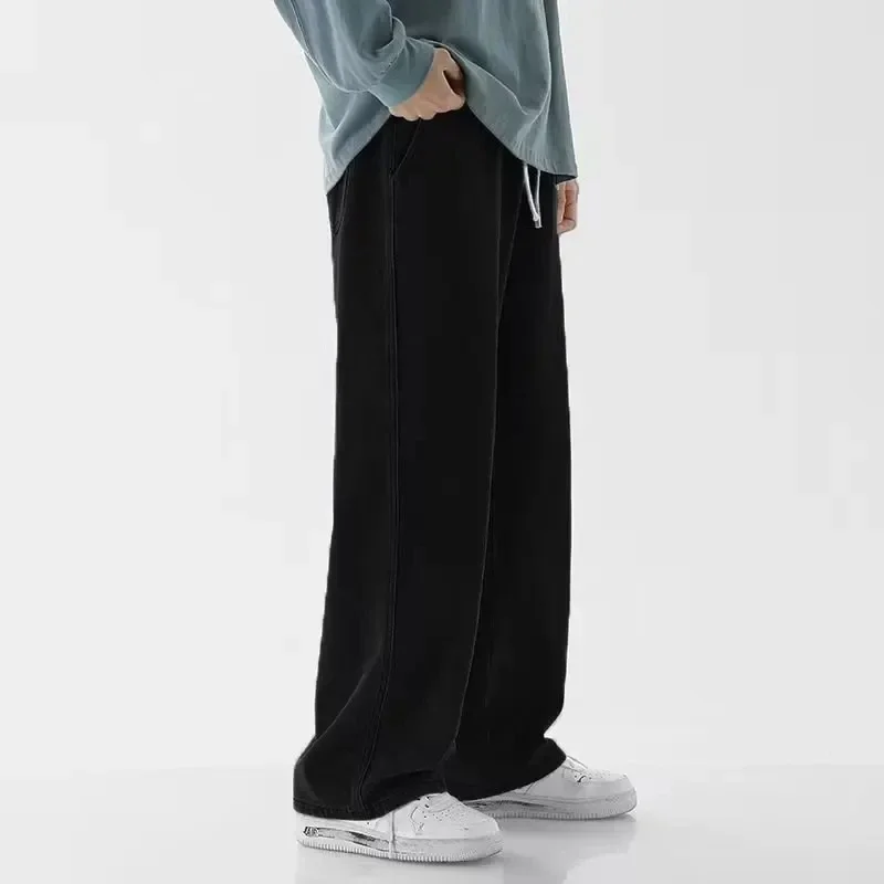 2026 Spring/summer New Men Solid Color Drawstring Pocket Jeans Straight Tube Loose and Fashionable Sports Casual Wide Leg Pants thumbnail 6