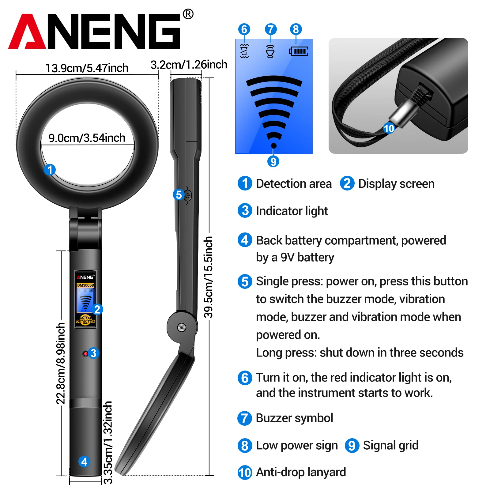 ANENG DM3005B handheld metal detector is a professional security inspection tool that can detect black and non-ferrous metals thumbnail 4