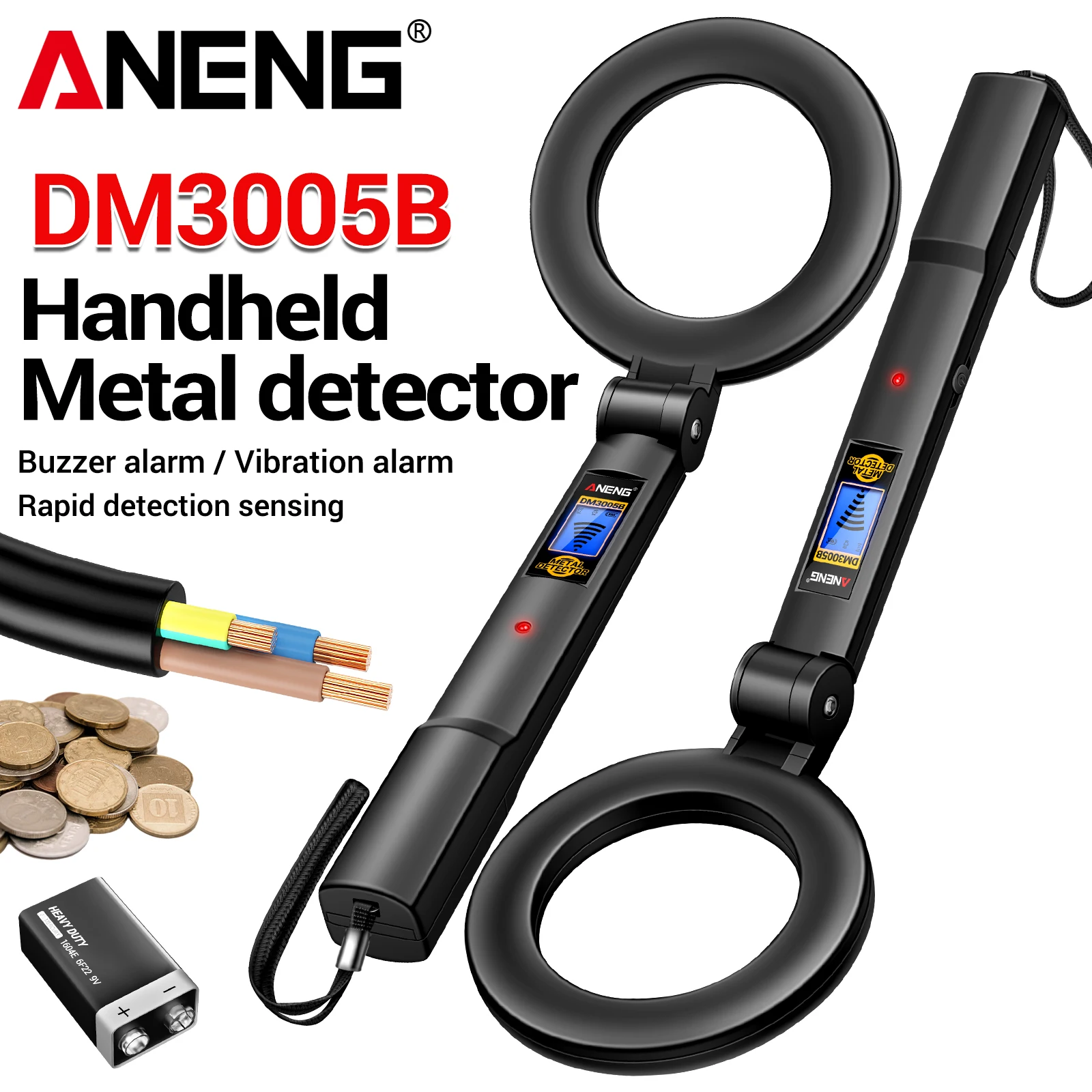 ANENG DM3005B handheld metal detector is a professional security inspection tool that can detect black and non-ferrous metals