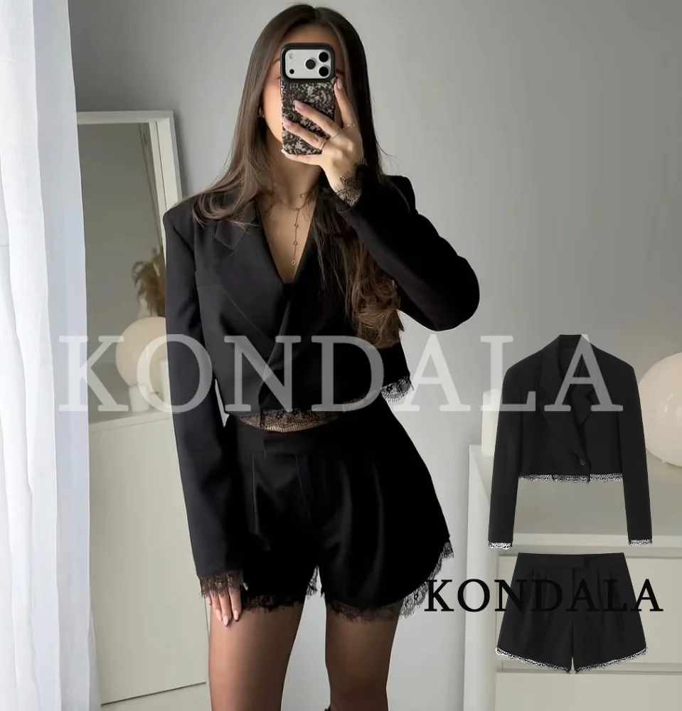 KONDALA Women Trendy Lace Blazer Set Black Lapel Short Blazer Pocket Shorts New Fashion 2026 Spring Summer Party Office Lady Set thumbnail 5