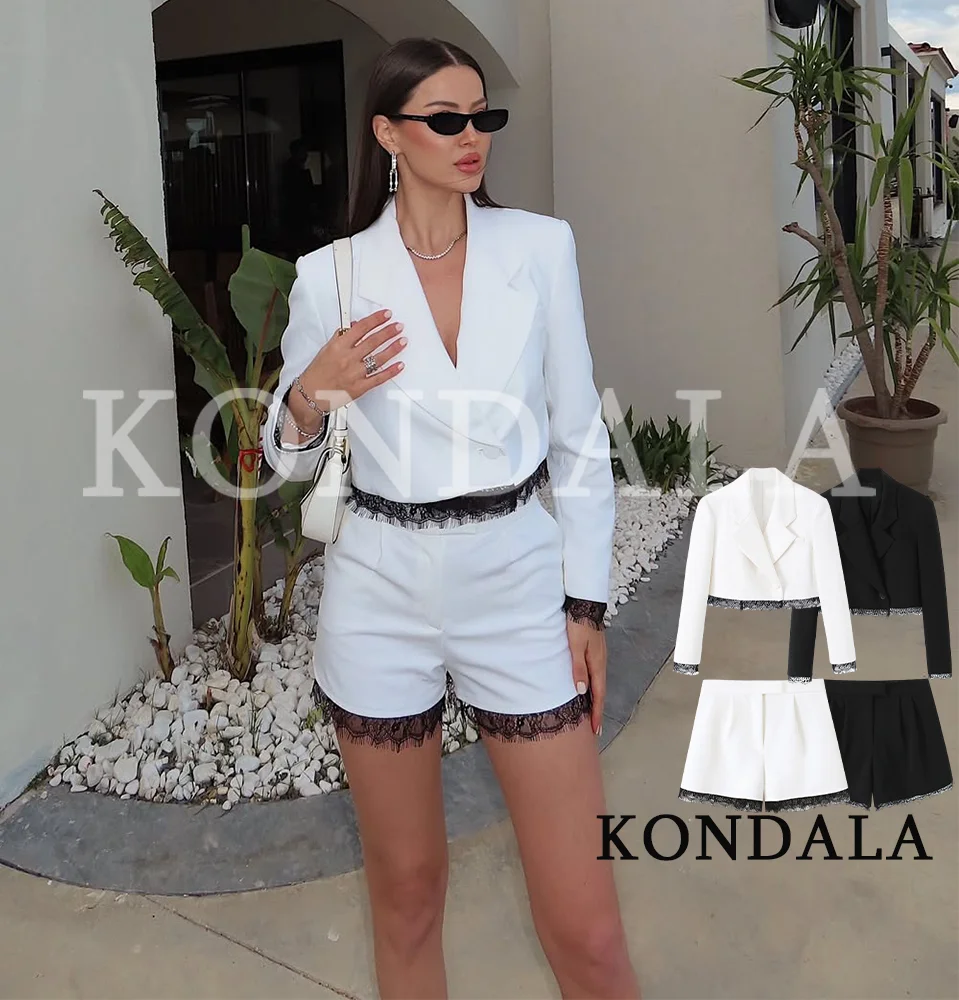 KONDALA Women Trendy Lace Blazer Set Black Lapel Short Blazer Pocket Shorts New Fashion 2026 Spring Summer Party Office Lady Set