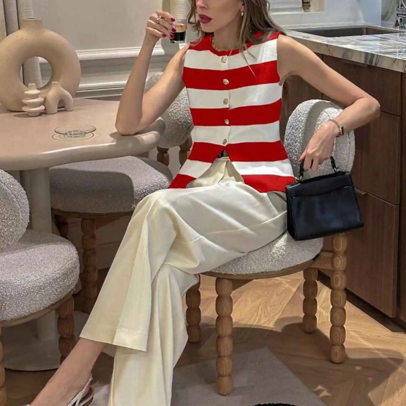 Knitted Sweater Women Cardigans New Sleeveless Knitwears O-Neck Striped Knit Sweater Cardigan Women Tops Sueters De Mujer Q3376 thumbnail 4