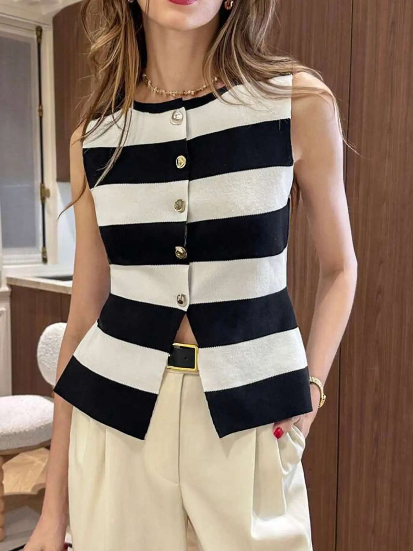 Knitted Sweater Women Cardigans New Sleeveless Knitwears O-Neck Striped Knit Sweater Cardigan Women Tops Sueters De Mujer Q3376 thumbnail 3