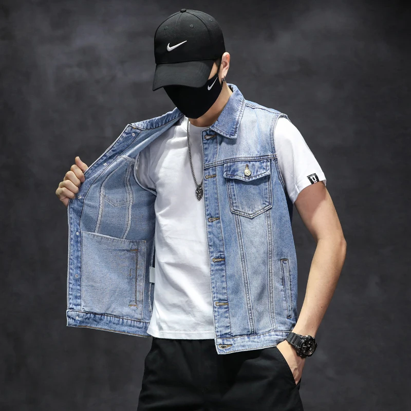 White Men's Sleeveless Denim Jacket, Blue Single Breasted Lapel Vest Coat, Black Denim Tops Waistcoat, Asian Size M-5XL