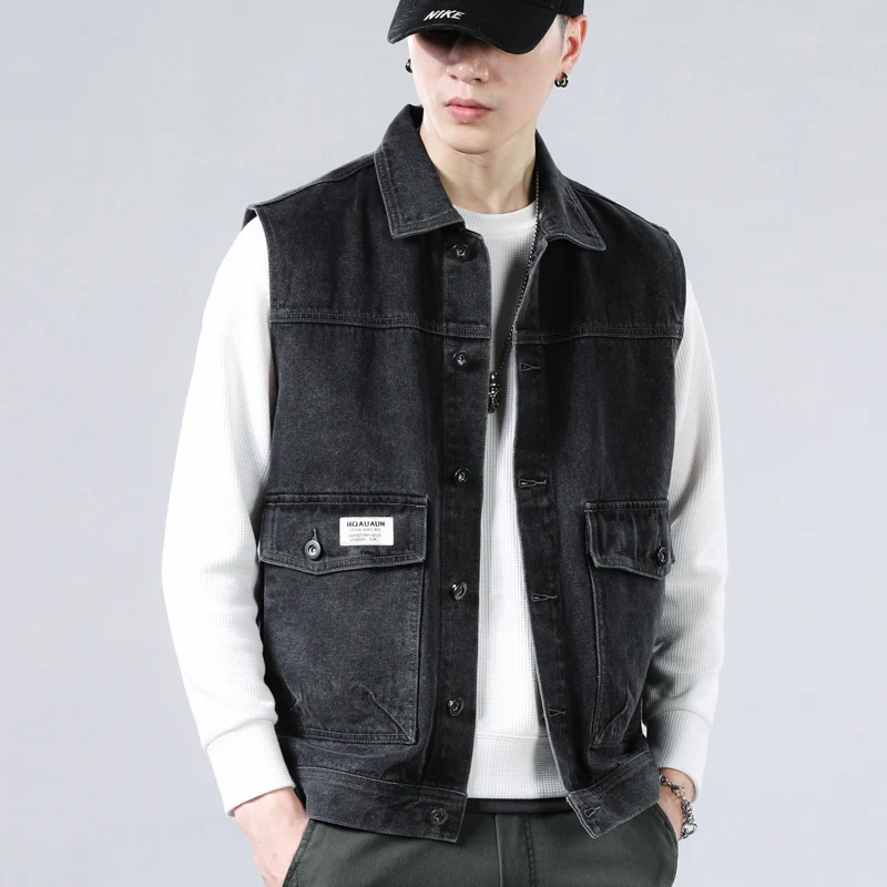 White Men's Sleeveless Denim Jacket, Blue Single Breasted Lapel Vest Coat, Black Denim Tops Waistcoat, Asian Size M-5XL thumbnail 2