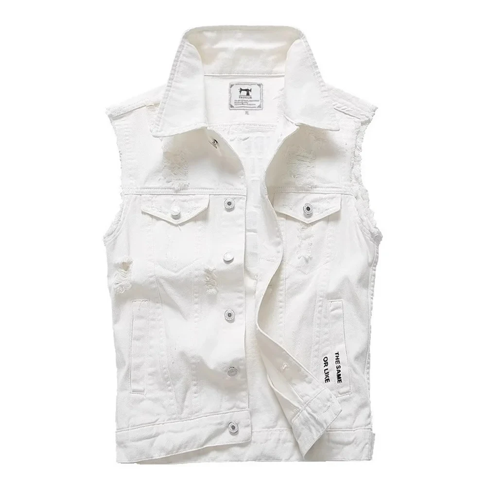 White Men's Sleeveless Denim Jacket, Blue Single Breasted Lapel Vest Coat, Black Denim Tops Waistcoat, Asian Size M-5XL thumbnail 5