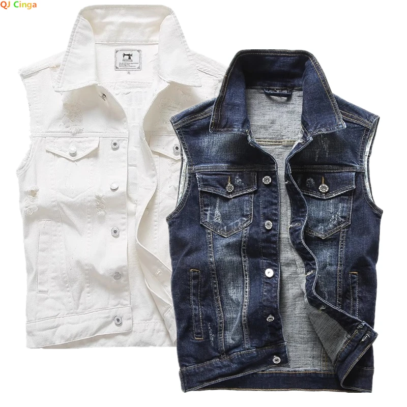 White Men's Sleeveless Denim Jacket, Blue Single Breasted Lapel Vest Coat, Black Denim Tops Waistcoat, Asian Size M-5XL thumbnail 4
