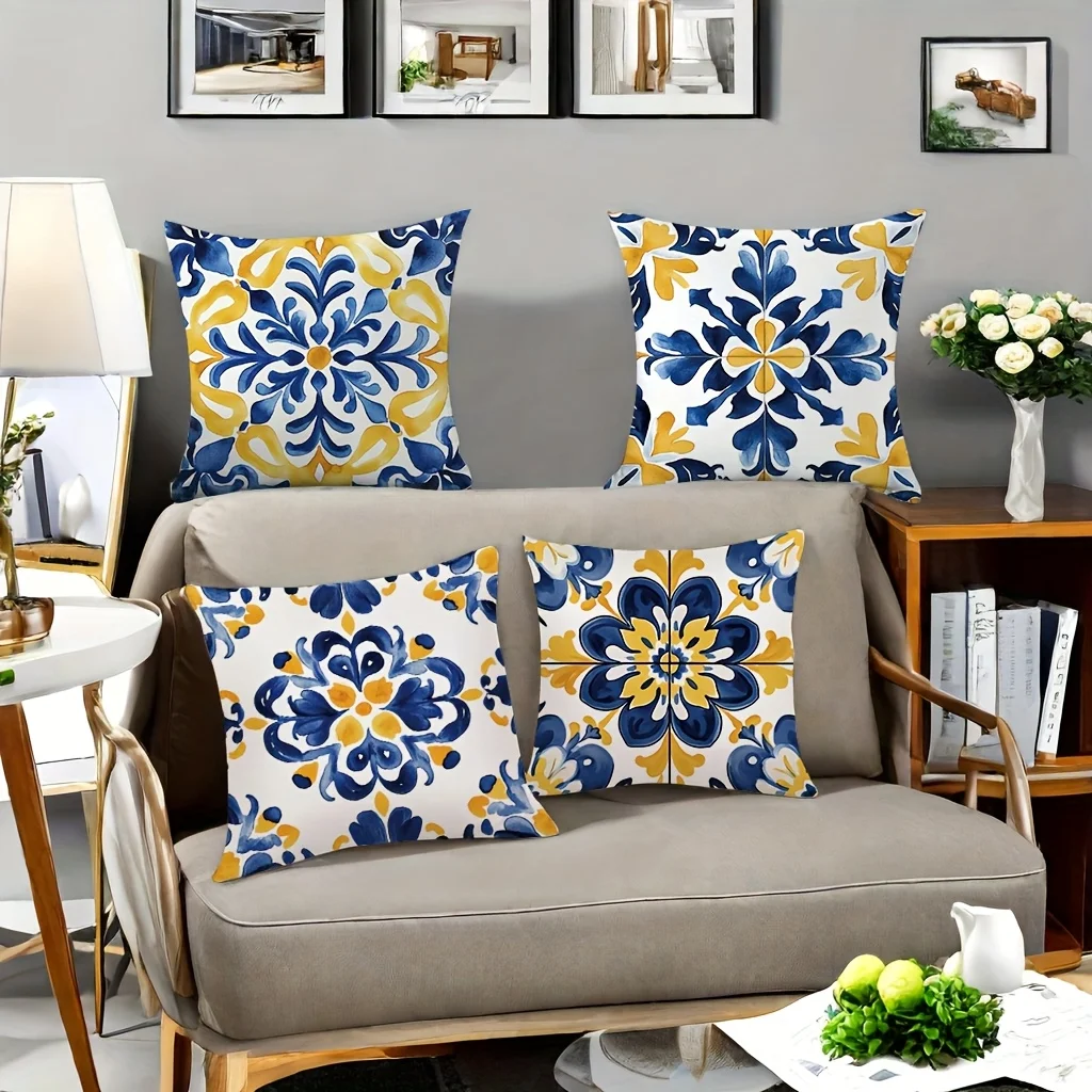 4-piece set, vibrant and intricate blue-yellow tile pattern - inspirational pillow cover decoration, insert not included. thumbnail 6