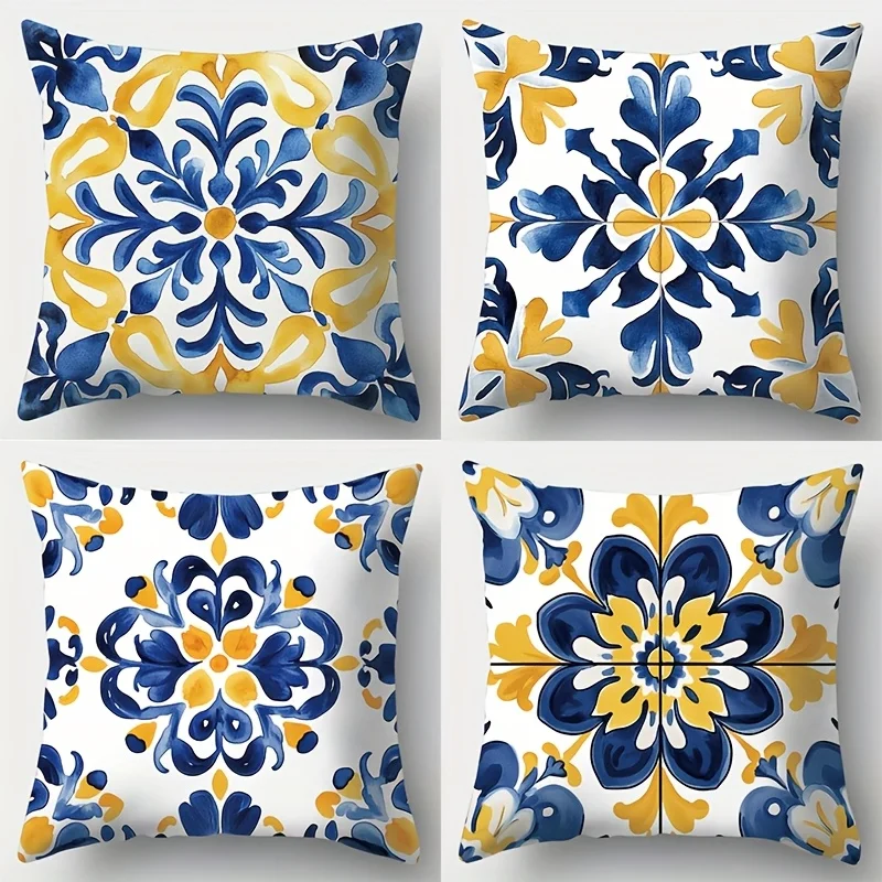 4-piece set, vibrant and intricate blue-yellow tile pattern - inspirational pillow cover decoration, insert not included.
